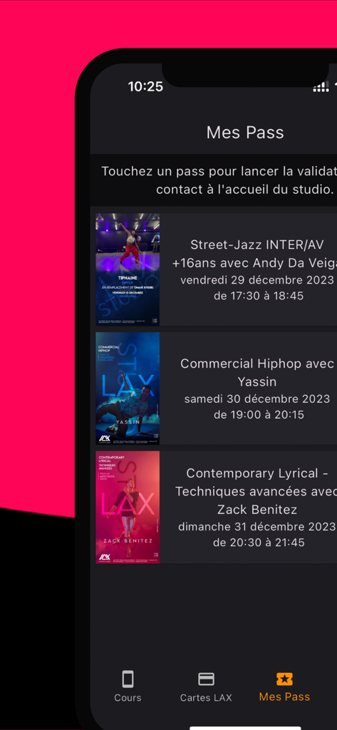 LAX Studio - The My Passes screen of the LAX Studio app showing scheduled dance classes and contactless check in.