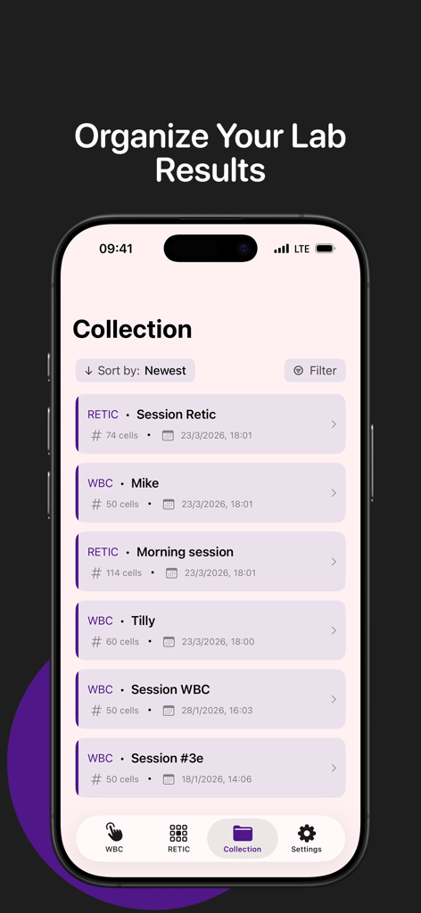 CliniCheck: WBC & Cell Counter - Pantalla de la aplicación CliniCheck que muestra una colección de resultados de recuento de células WBC y reticulocitos organizados