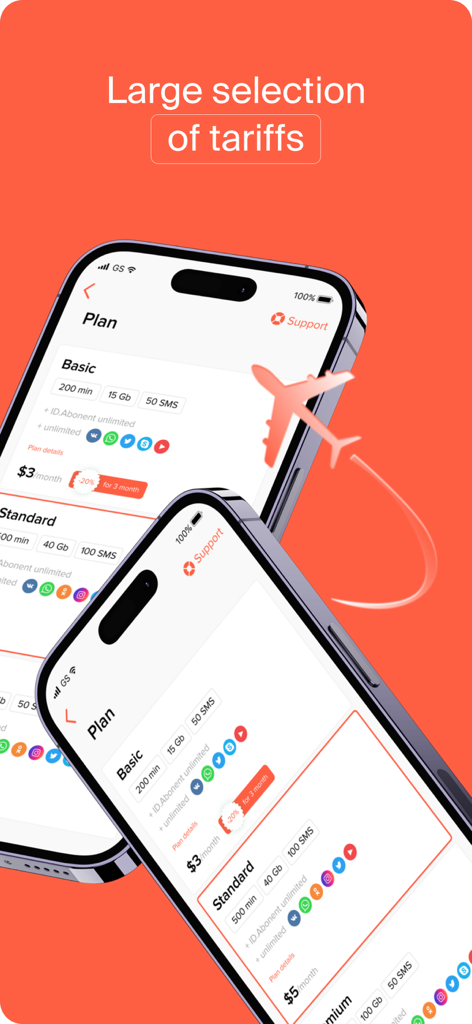 Interfaccia dell'app eSIM World che mostra diversi piani tariffari per dati mobili per i viaggiatori