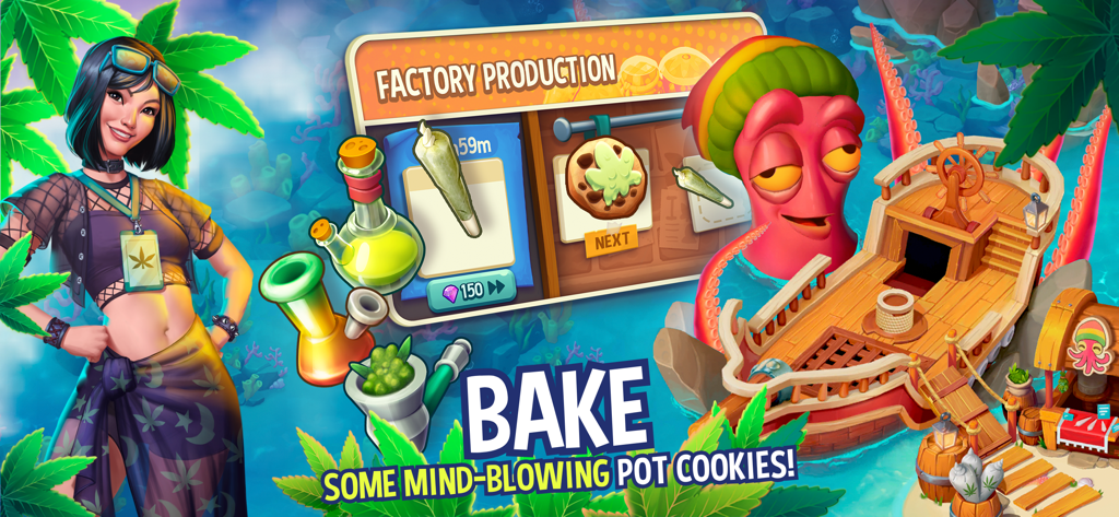 Hemp Paradise: 420 Weed Farm - A screenshot from Hemp Paradise showing the factory production interface for joints and pot cookies with characters and a pirate ship