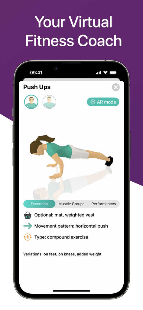 Treeceps: Fitness Workout Game - Treeceps virtual fitness coach interface showing 3D push up animation and exercise details
