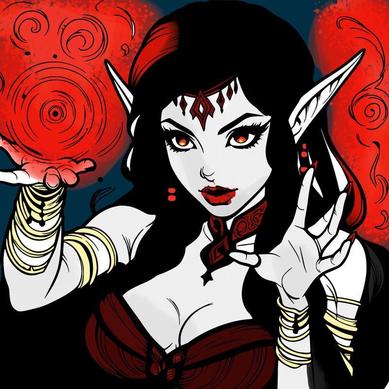 realistic scary beautiful elf sorceress casting spell