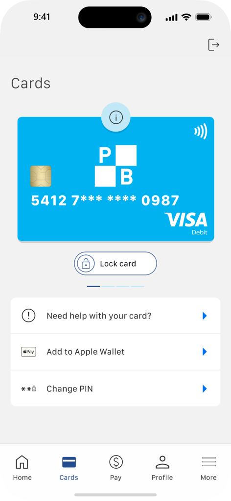Police Bank Mobile Banking - A screenshot of the Cards section in the Police Bank mobile banking app showing a Visa Debit card with options to lock the card and add it to Apple Wallet.