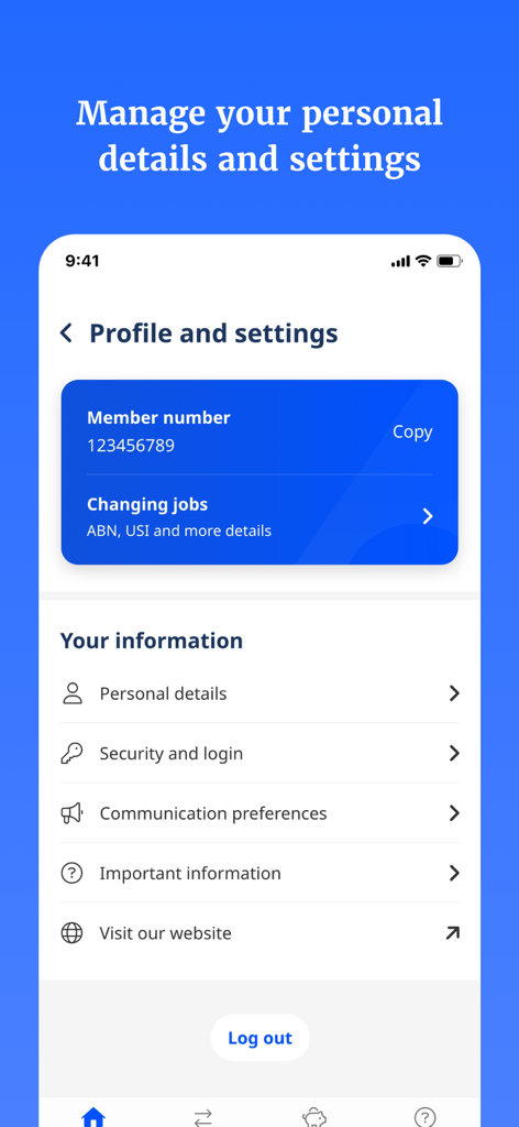 Australian Retirement Trust - Australian Retirement Trust app profile and settings screen showing member number and account management options