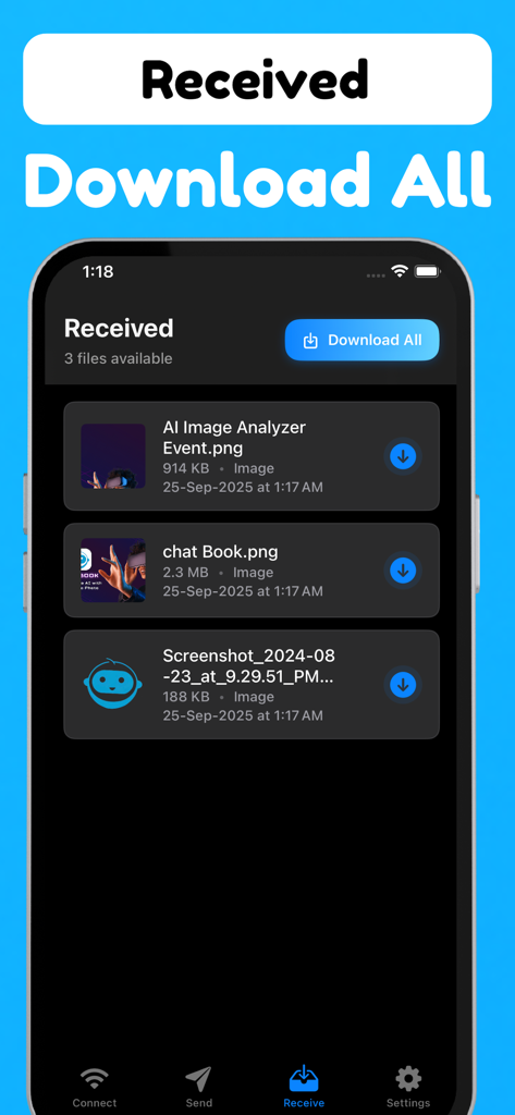 Offline Files Share - FlowSend - Interfaz de la aplicación FlowSend mostrando una lista de archivos recibidos con un botón Descargar todo e iconos de descarga individuales para cada archivo.