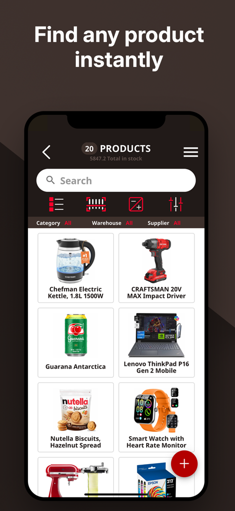 Telesto: Inventory Management - Telesto inventory management app showing a searchable grid of products including electronics and consumer goods