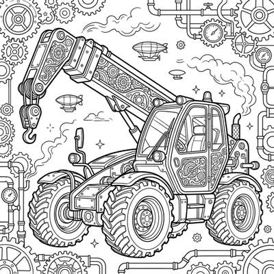 Unleash your creativity with this unique coloring page featuring a robust telehandler, reimagined in an elaborate Steampunk style. Explore a world of intricate gears, polished brass, and retro-futuristic details, ready for your artistic touch.