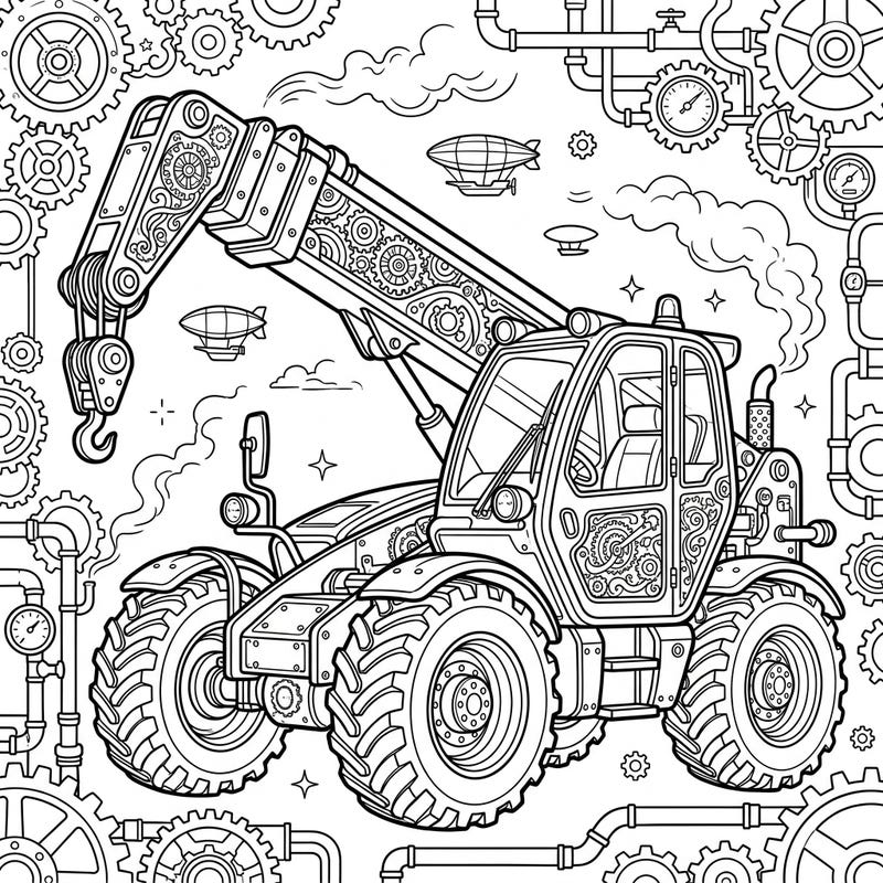 Unleash your creativity with this unique coloring page featuring a robust telehandler, reimagined in an elaborate Steampunk style. Explore a world of intricate gears, polished brass, and retro-futuristic details, ready for your artistic touch.