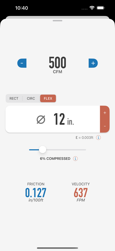 Flexible duct sizing calculation screen on the Ductulator app showing CFM friction and velocity