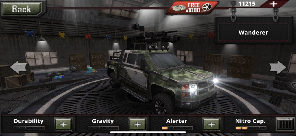 Dead Road: Zombie Assault - Écran de personnalisation du camion de combat blindé Wanderer dans Dead Road Zombie Assault.
