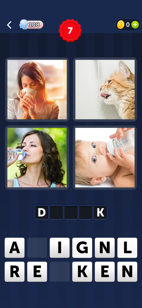 4 Pics 1 Word - Gameplay-Bildschirm von 4 Bilder 1 Wort, der vier Fotos von Menschen und einer Katze zeigt, die Flüssigkeit trinken, um das Wort 'trinken' zu lösen