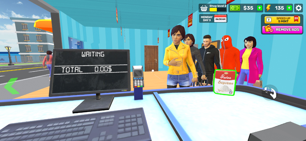 Supermart Store 3D Simulator - Perspectiva em primeira pessoa de um caixa de supermercado com clientes esperando na fila