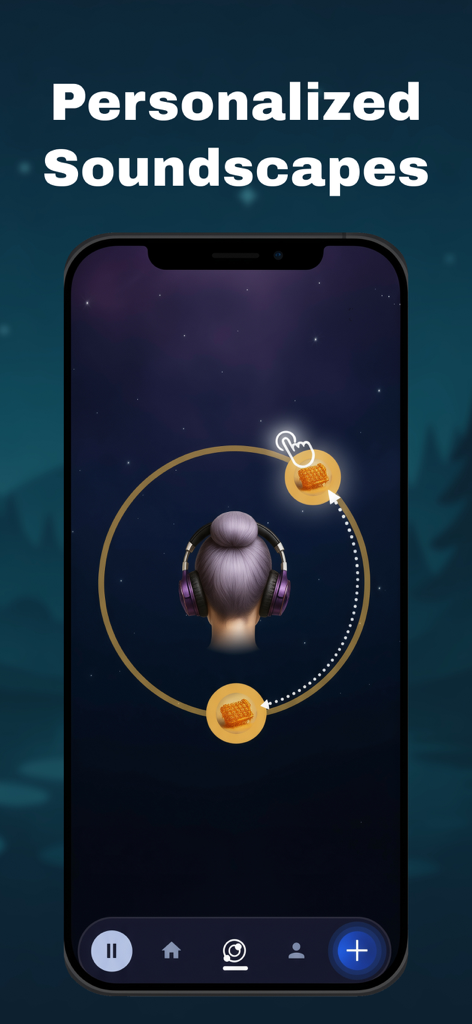 Interfaz de la aplicación Sleep Orbit que muestra iconos de sonido 3D orbitando alrededor de una persona con auriculares