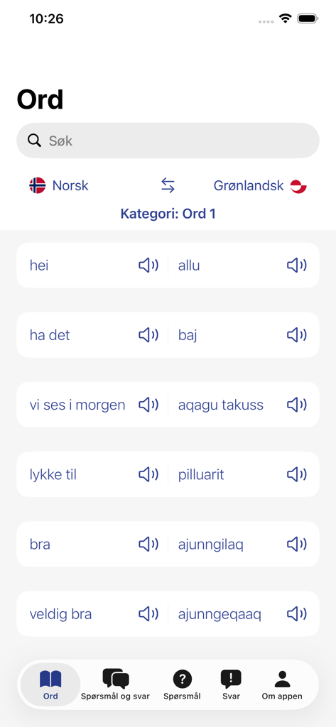 Nordic Languages - Interface da aplicação Línguas Nórdicas mostrando uma lista de traduções de norueguês para groenlandês com botões de reprodução de áudio.