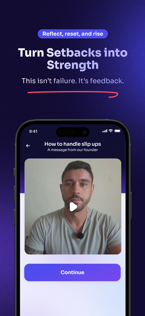 Quit Porn Now BeFree - BeFree app screen displaying a founder video message titled How to handle slip ups and Turn Setbacks into Strength
