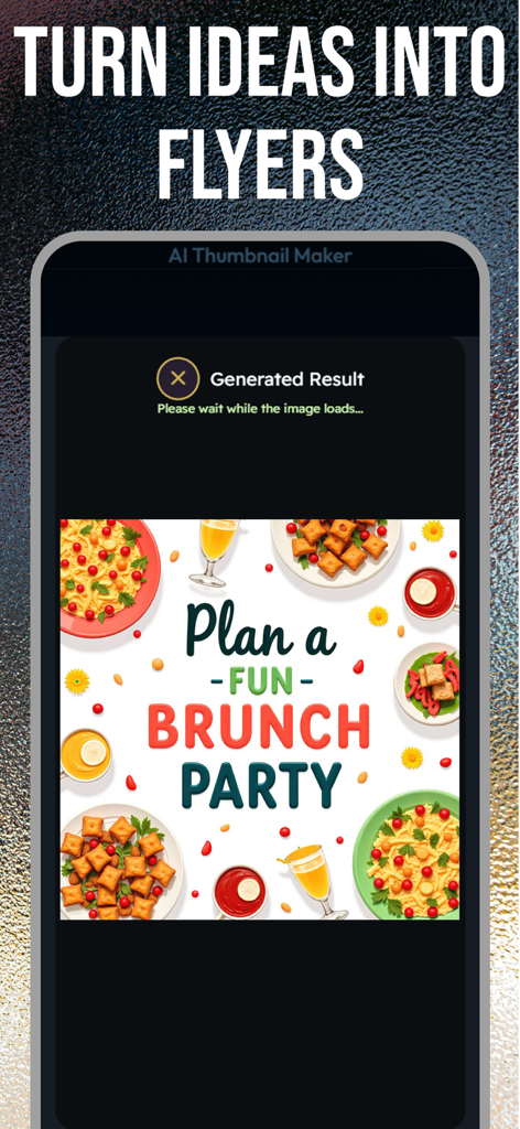 Thumbnail Maker: YT Studio Art - Pantalla de smartphone que muestra un flyer de fiesta de brunch generado por IA en la aplicación Creador de Miniaturas