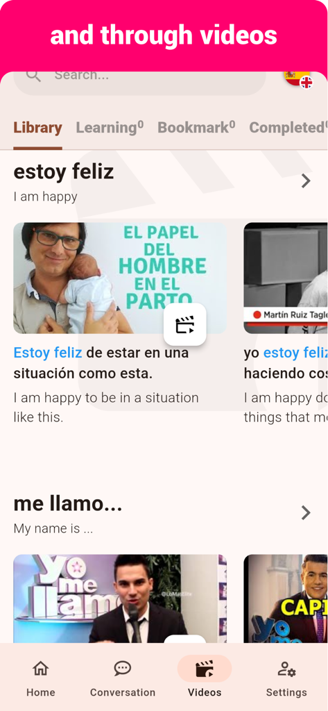 Spanish  - Listening Speaking - Screenshot dell'app Spanish Listening Speaking che mostra lezioni video per frasi comuni come 'Sono felice' e 'Il mio nome è'.