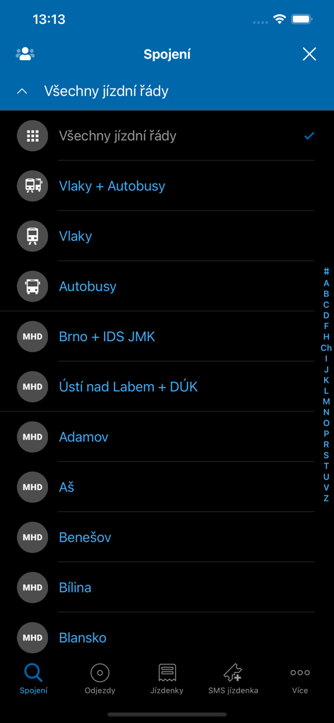 Jízdní řády IDOS - Interface de l'application Jizdni rady IDOS affichant une liste d'options d'horaires de transport, y compris les trains, les bus et les transports municipaux pour diverses villes tchèques.