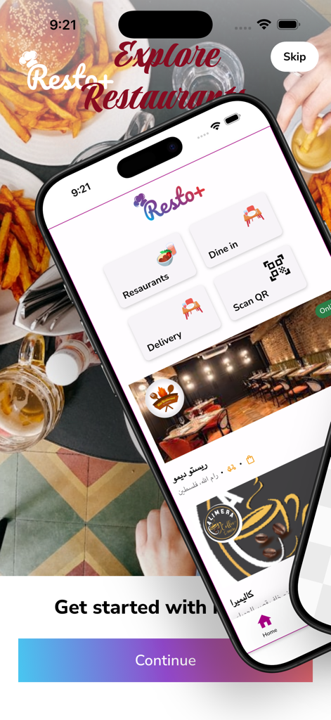 Resto+ - Resto+ app interface on an iPhone showing restaurant discovery and dine-in options.