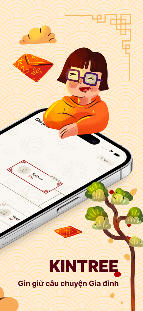 Kintree - Family Tree - Kintree app interface showing a digital family tree with cultural illustrations and Vietnamese text