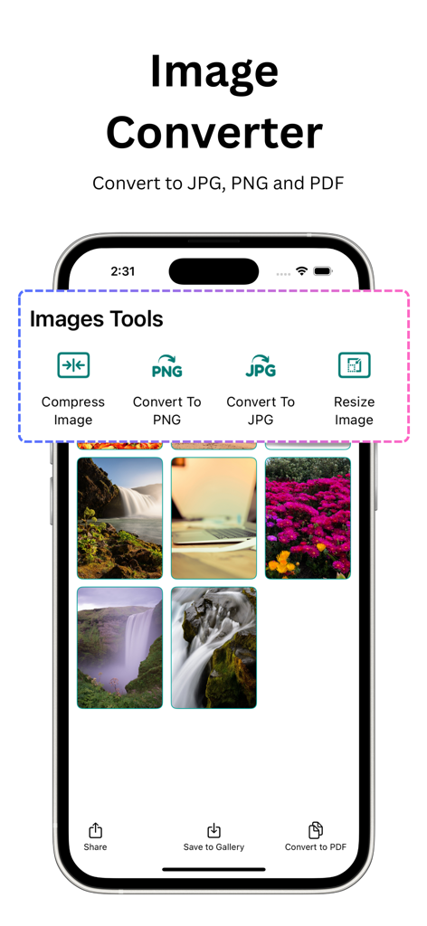 PDF Maker & Converter - PDFAPP - Mobile app interface showing image converter tools for JPG PNG and PDF formats with options to compress and resize