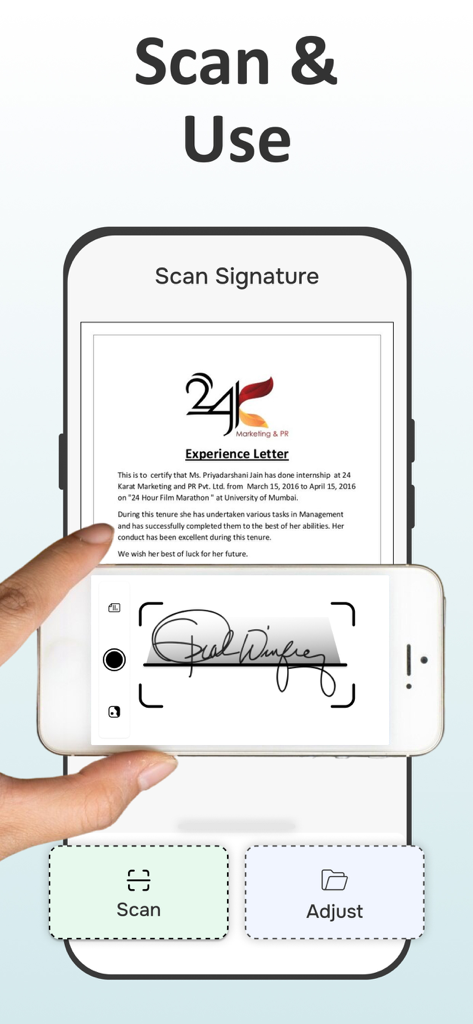 Signature Maker - e Sign App - Smartphone scanning a handwritten signature for digital use