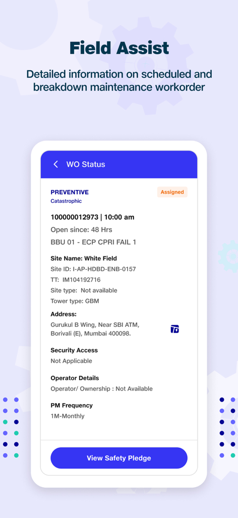 JPW Network - JPW Network app screenshot showing Field Assist work order status for preventive maintenance at a site called White Field.