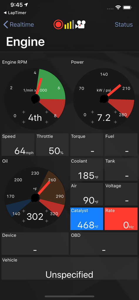 Panel de control de telemetría del motor en tiempo real de Harrys LapTimer Grand Prix que muestra indicadores de RPM, potencia, velocidad y temperatura del aceite.