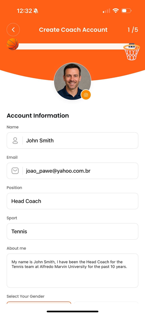 Bildschirm zur Erstellung eines Trainer-Kontos in der Sportex Athletics App mit Registrierungsfeldern für Trainer