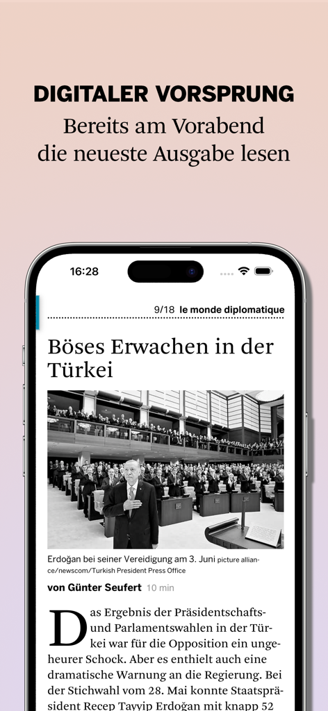 Digital version of Le Monde diplomatique newspaper on a smartphone display