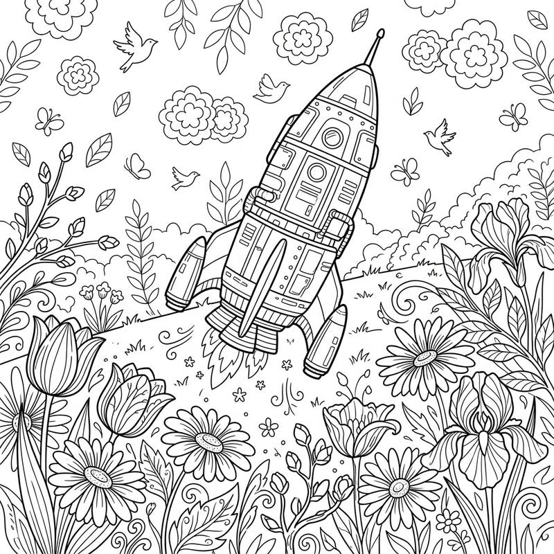 Embark on an extraordinary coloring journey with this captivating scene where a mighty rocket launches through a beautiful spring landscape. Discover the wonder of space exploration intertwined with the delicate beauty of blooming nature.