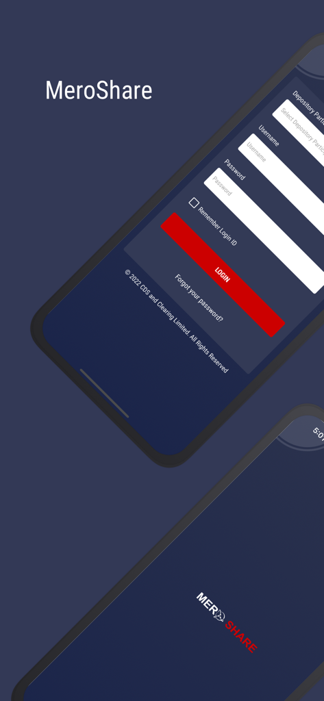 MeroShare - Interfaz de inicio de sesión de la aplicación móvil MeroShare para inversiones en el mercado de valores de Nepal