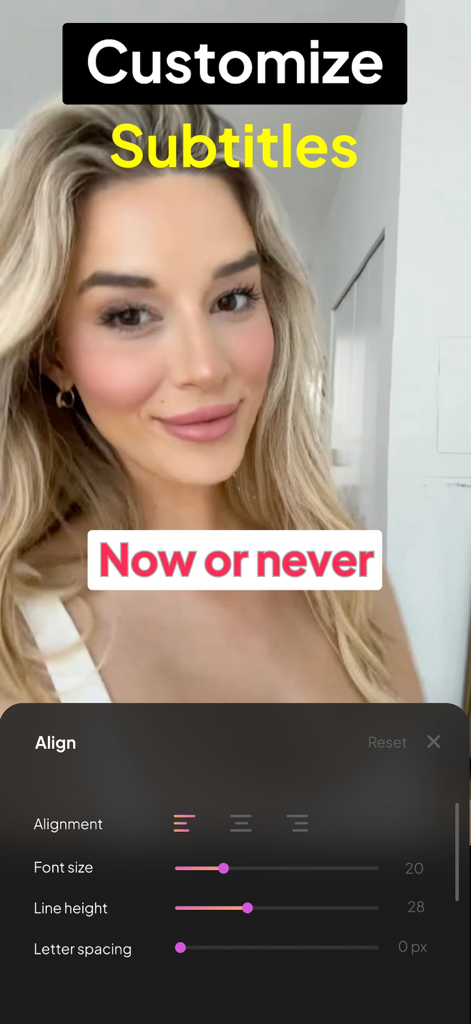 Kaptioned: Automatic Subtitles - Interface of the Kaptioned app showing subtitle customization options like alignment and font size on a video