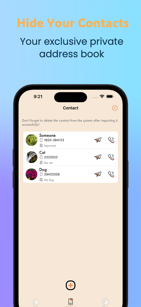 Quick Hide app screenshot showing a private address book with hidden contacts and call and message options