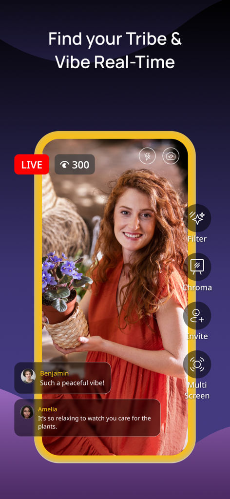 ViuLive: Multicam Live Stream - Captura de pantalla de la aplicación ViuLive mostrando una transmisión en vivo con chat de espectadores en tiempo real y herramientas de producción profesional como filtros y croma.