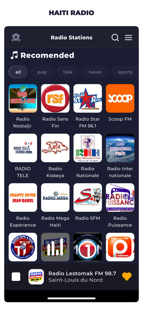 Interface of the Radio Haiti Live app showing a list of recommended Haitian radio stations