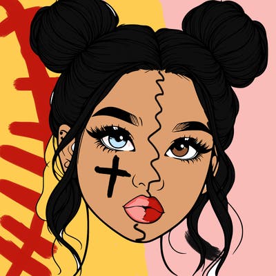 realistic girl with two buns on her hair and lips