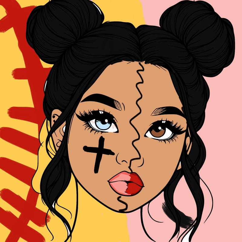 realistic girl with two buns on her hair and lips