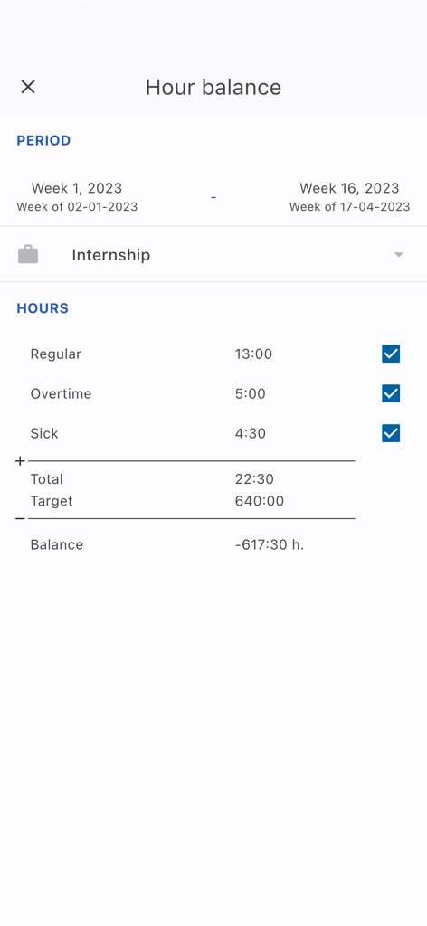 Hour balance report showing worked hours versus target for an internship