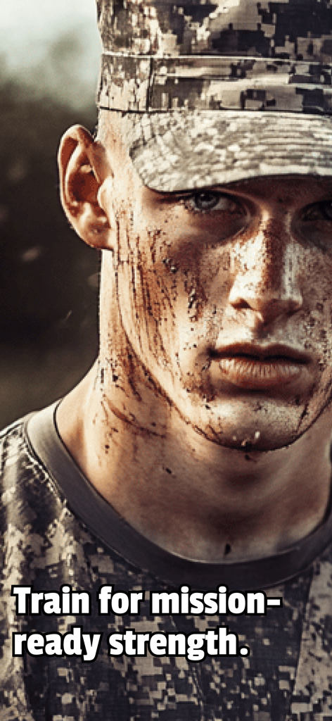 Military Fitness: Army Workout - Un soldado con camuflaje y barro en la cara con el texto Entrena para fuerza lista para la misión