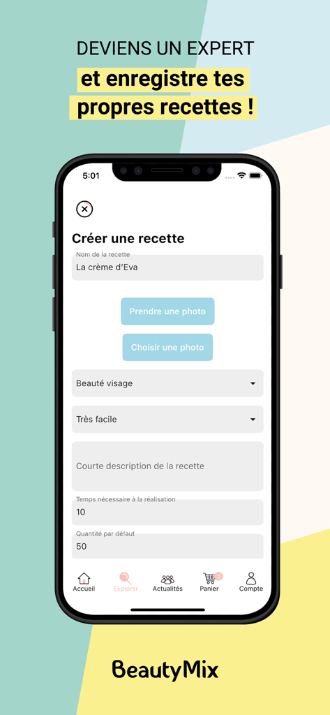 BeautyMix - Mobile screen of BeautyMix app showing the recipe creation form for DIY cosmetics.