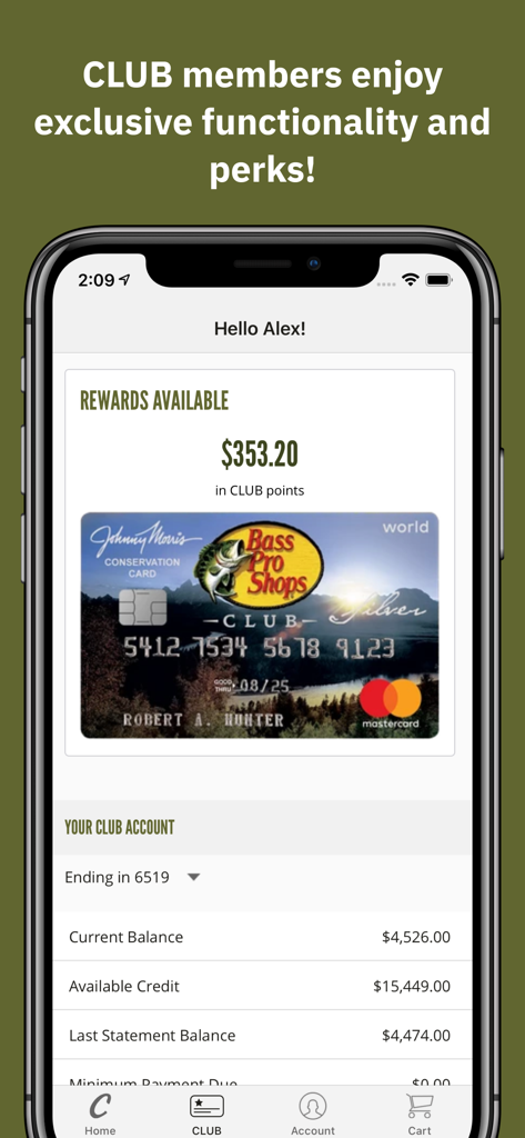 Cabela's mobile app showing CLUB rewards points balance and Bass Pro Shops credit card account details