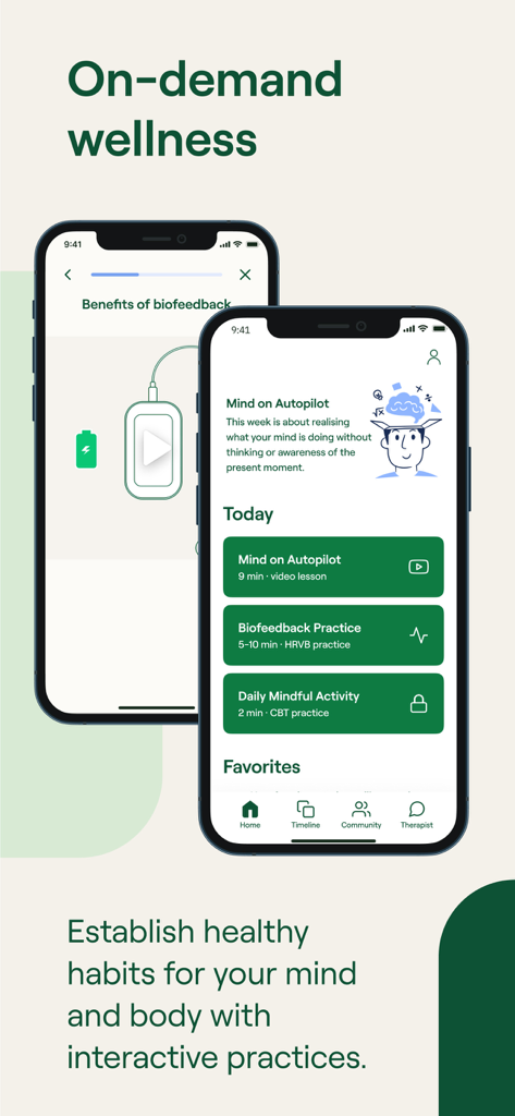 Meru Health - Pantallas de la app móvil Meru Health mostrando lecciones diarias para prácticas de mindfulness y biofeedback