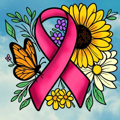 cancer awareness symbol with flowers and butterflies