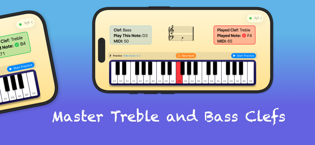 Learn A Note: Note Practice - Interface do aplicativo Learn A Note mostrando prática de notas nas claves de Sol e Fá em um teclado de piano virtual.