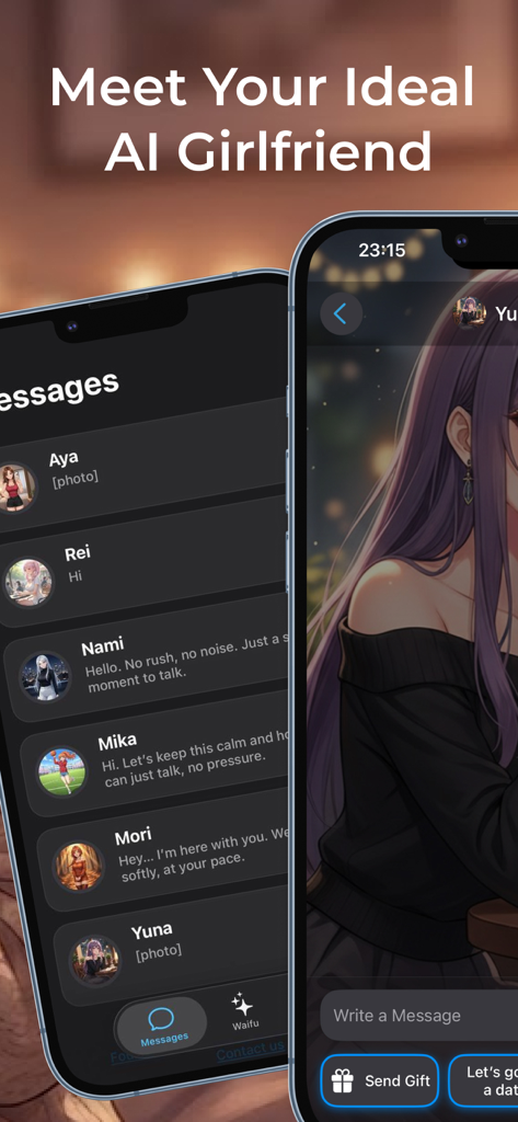 Waifu AI Girlfriend chat AI GF - A screenshot of the Waifu AI Girlfriend app showing a list of anime character chats and a conversation screen with an anime girl.