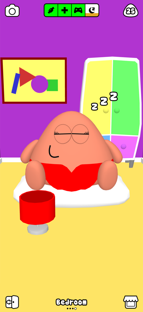 A 3D Pou character sleeping on a white rug in its colorful bedroom.