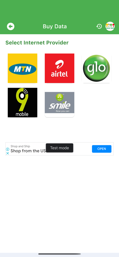 Interfaz de la aplicación MEGA Datos Baratos para seleccionar un proveedor de red entre MTN Airtel Glo 9mobile y Smile
