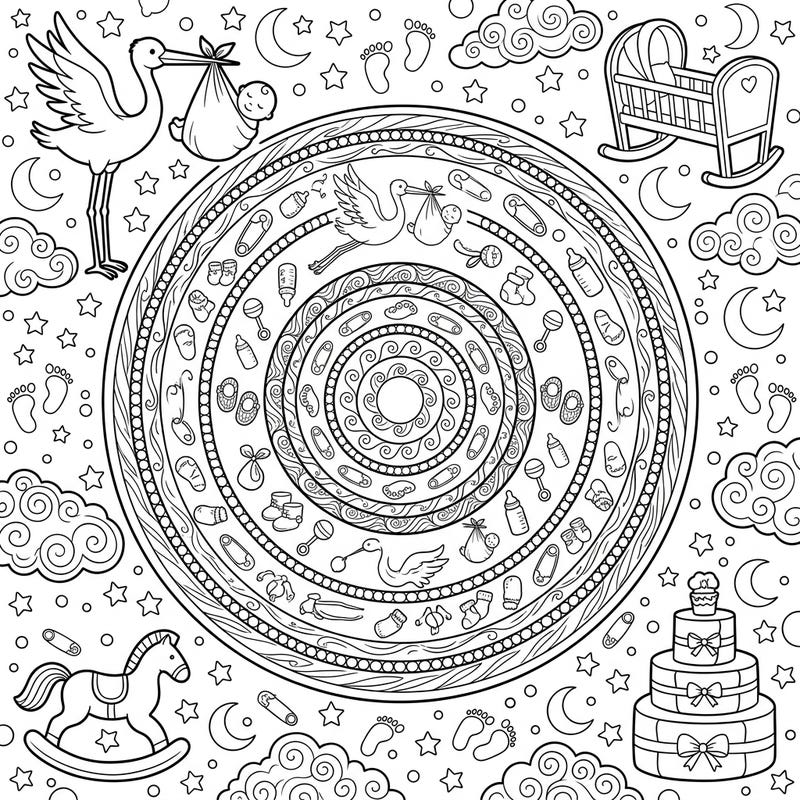 Get ready to celebrate a new life with this heartwarming Baby Shower Mandala coloring page. It features a beautiful, concentric design filled with all things baby, from tiny booties to playful rattles, surrounded by storks and nursery essentials.