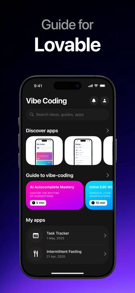 Interface de aplicativo móvel para Lovable AI mostrando aulas de vibe coding e uma lista de projetos pessoais